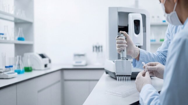 Professional laboratory scientist performing precise sample analysis using advanced multichannel pipette and microplate reader equipment conducting pharmaceutical research