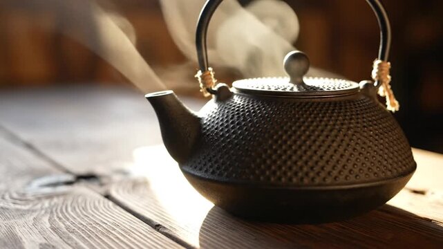 Black teapot steaming on wooden table with sunlight