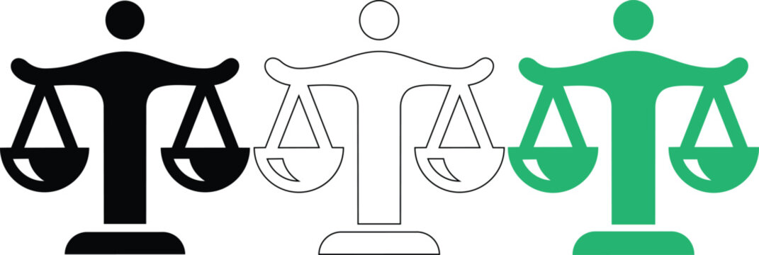 Justice scale icon set vector illustration depicting legal balance and impartiality.