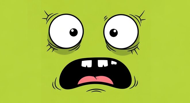 A bright green cartoon face with wide, startled eyes and an open mouth, conveying surprise or shock