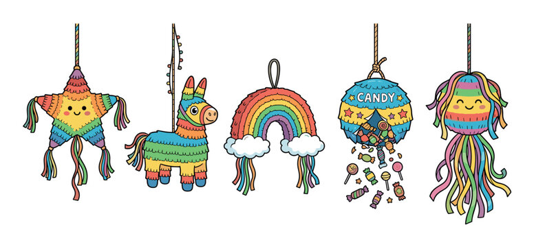Colorful pinatas in various shapes and sizes, including a star, donkey, rainbow, and round designs, are ready for a festive celebration.