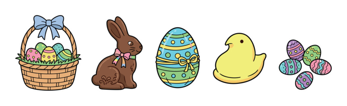 Colorful Easter holiday symbols and treats, including a basket of eggs, chocolate bunny, decorated egg, and marshmallow chick, are arranged in a festive illustration.