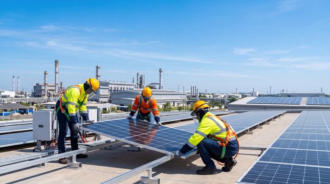 Construction team installing solar panels on industrial flat roof workers in safety helmets and highvisibility vests lifting photovoltaic modules for renewable energy power plant