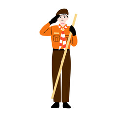 Fototapeta premium Scout Boy Saluting Flat Cartoon Illustration in Uniform Holding Staff Stick