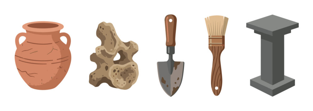 Archaeological artifacts and tools for historical excavation, including an ancient pot, fossil, trowel, brush, and stone pillar, are essential for uncovering the past.