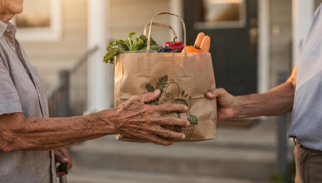 Meal delivery person handing a nutritious meal bag to a senior at an assisted living homes front entrance with focus on the meal and the elderly hand receiving it while the rest