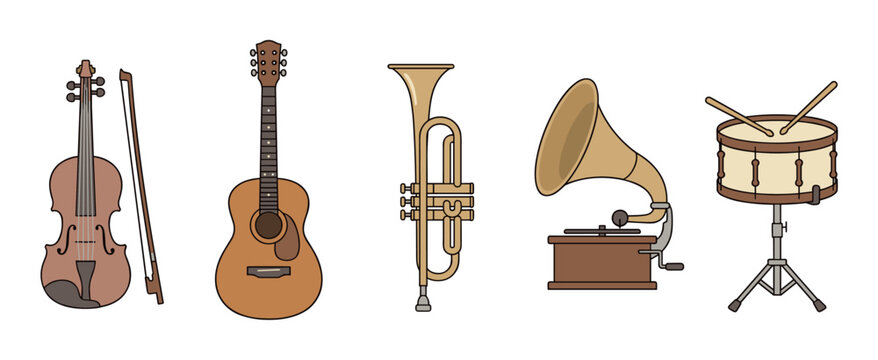 Musical instruments collection featuring a violin, guitar, trumpet, gramophone, and drum, representing various genres of music and sound.