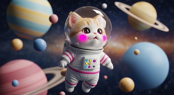 Adorable cartoon astronaut kitten floating in outer space with planets and stars, whimsical digital art