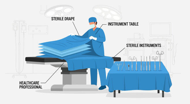 Surgeon Prepares Operating Room with Sterile Drapes and Instruments