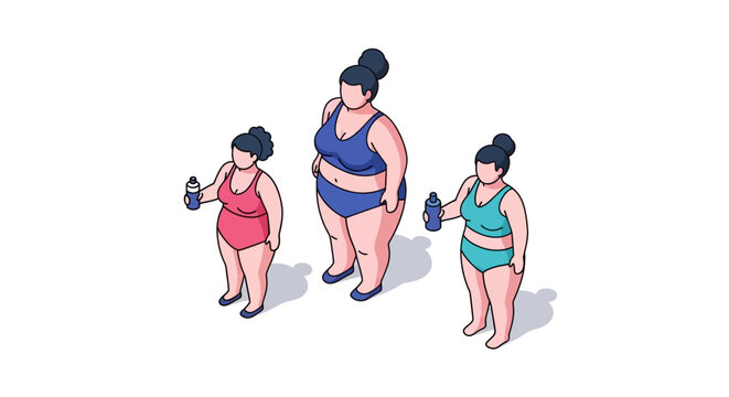 Isometric Illustration of Three Plus-Size Women Posing with Water Bottles.