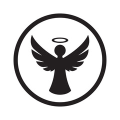 Obraz premium Black angel silhouette icon with wings and halo inside a circle. Representing spirituality, protection, and divine guidance for celestial themes