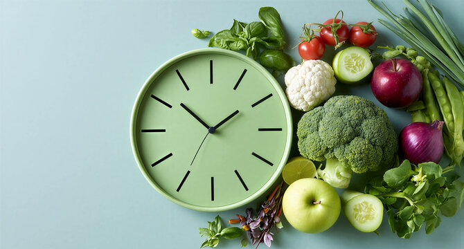 Green clock surrounded by fresh vegetables and fruit. Healthy eating habits and diet planning concept. Daily nutrition routine and time management for balanced organic lifestyle choice.