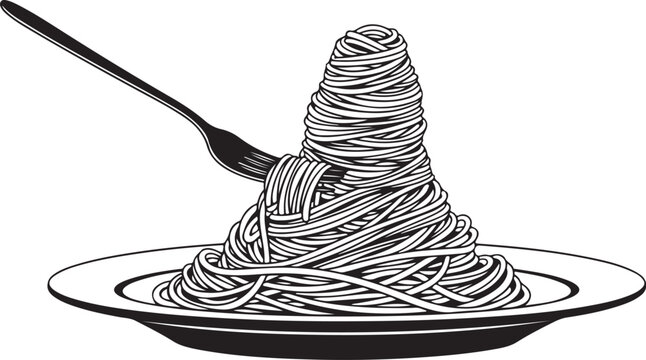 Black and white of spaghetti on a plate with a fork food