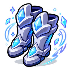 Obraz premium Futuristic boots with blue crystals in cartoon style with magical sparkles in vibrant purple and blue colors for fantasy game design game icon