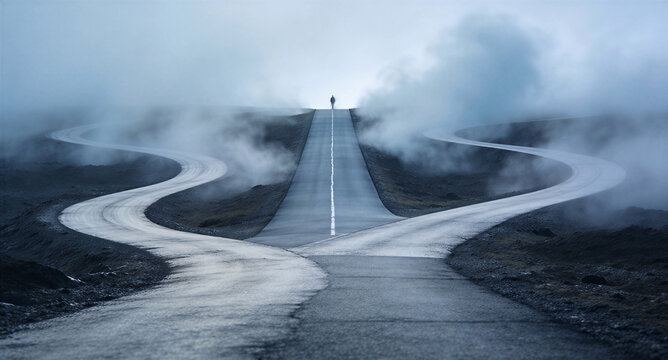 Man walking on long empty road with winding path in misty landscape. Concept of life choice and decision making. Mysterious journey towards unknown future destination in foggy horizon.