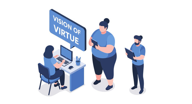 Isometric Illustration of Vision of Virtue Concept with People and Technology.