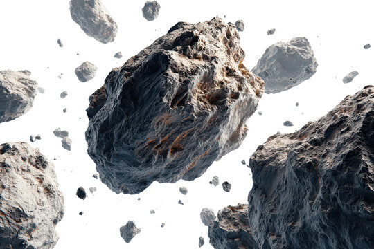 Group of rough asteroids or meteors floating in space, isolated on transparent background