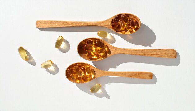 Top view of glossy golden gel capsules in three rustic wooden spoons, casting elegant soft shadows on a bright white background, representing wellness and nutritional supplements