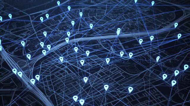 Real-time traffic monitoring, interconnected nodes. 3D animation.