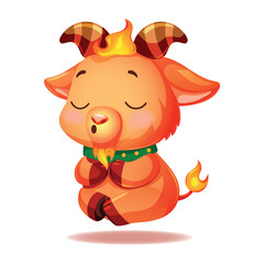 Fototapeta premium Cute Fire Goat Character Meditating Half-Sideways View, Chinese Zodiac New Year Cartoon Mascot