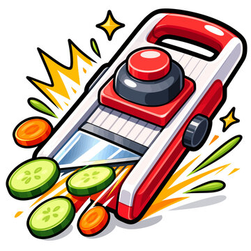 Vibrant Game Icon of a red vegetable slicer in action cutting cucumbers and carrots