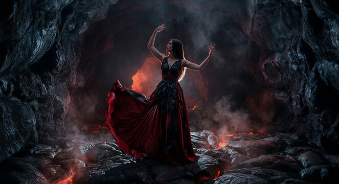 Woman in elegant red and black dress dancing inside a volcanic cave. Fantasy queen posing on glowing lava ground. Cinematic concept of fire spirit, mystical beauty and underworld magic.