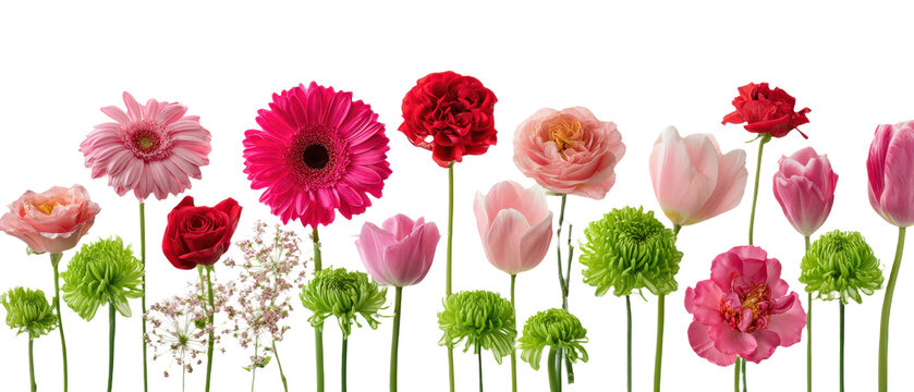 Large group of colorful blooming flowers including gerberas, roses, tulips, and chrysanthemums, creating a vibrant floral border, isolated on transparent background