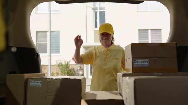 Delivery of goods to house. Delivery man takes box in trunk of car to hand parcel to customer.