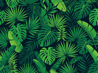 Seamless Tropical Jungle Leaf Pattern with Monstera, Palm, and Banana Leaves on Dark Background © Prayitno