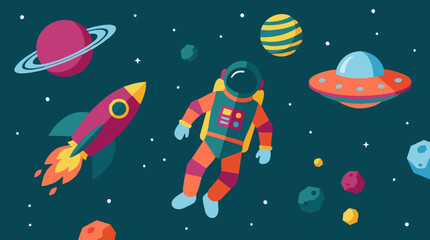 Flat design illustration of astronaut, rocket, planets, and UFO in outer space © ColorAsia