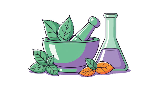 Herbal Medicine Preparation with Mortar Pestle and Flask.