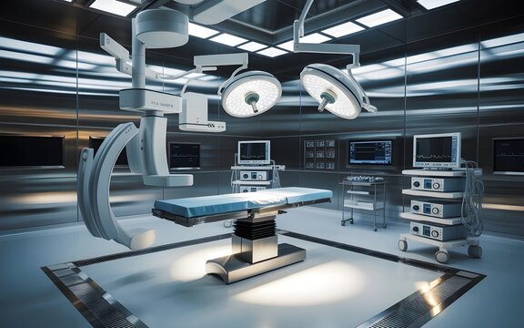 Cinematic Photograph of a Modern Surgical Operating Room: State-of-the-Art Medical Technology and Professional Healthcare Equipment in a Sterile Theater