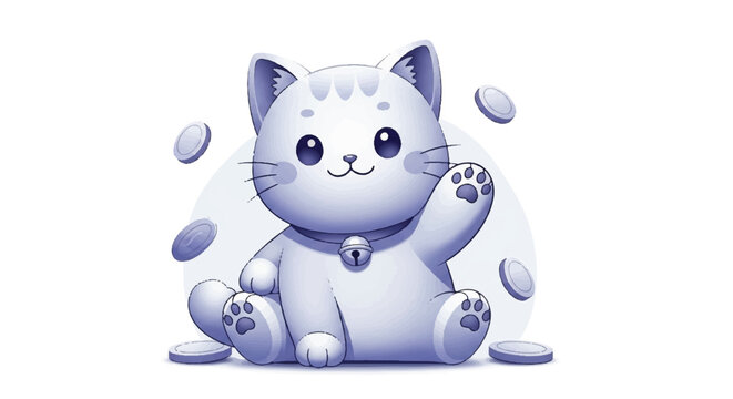 Cute White Cat Waving Paw Illustration.