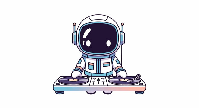 Cute Astronaut DJ Playing Music on Turntables in Space.