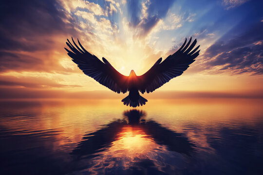 animal by ai, eagle in majestic pose silhouette against backdrop sunset over calm water, spread wings, feathers, freedom, strenght, sunrise sunlight background, photorealistic