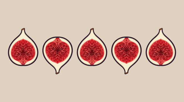 Row of Five Half Sliced Figs with Intricate Red Patterns, Minimalist Vector Illustration of Fresh Exotic Fruit on Beige Background