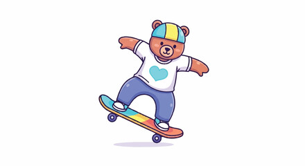 Fototapeta premium Cute Teddy Bear Character Riding a Skateboard.