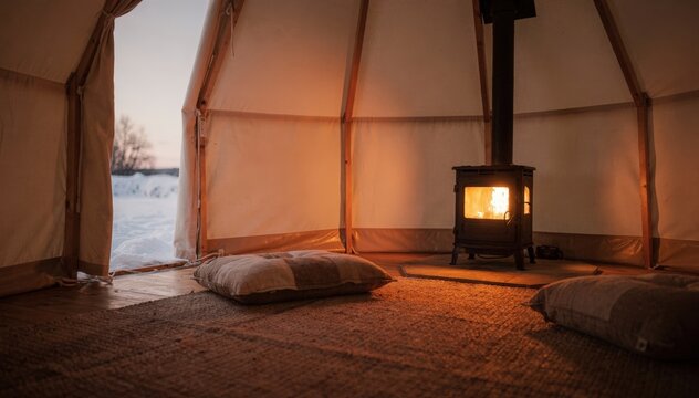 Minimalist round yurt room glowing from the stove crisp low seating foreground snowy expanse outside the fabric wall softly out of focus.