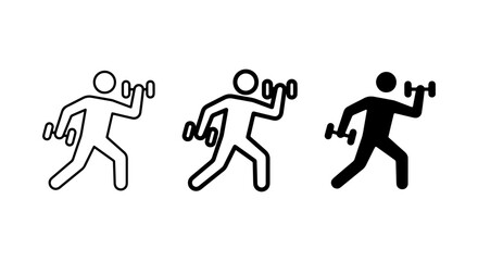 Fototapeta premium Fitness Icon Set: Dumbbell Workout Figures, Silhouette, Outline, Line Art, Exercise, Strength Training, Health
