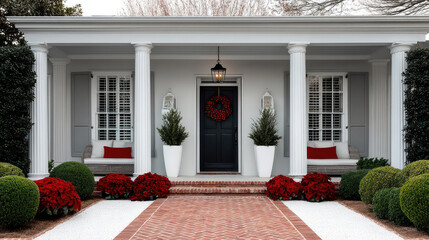 Fototapeta premium Elegant Christmas front porch with white columns, black door, red wreath, festive plants, cozy benches, and holiday decor create welcoming