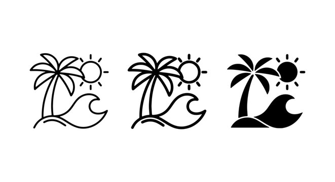 Tropical Beach Icons Set: Palm Trees, Sun, Waves. Vector Graphics for Summer Vacation and Travel Themes.