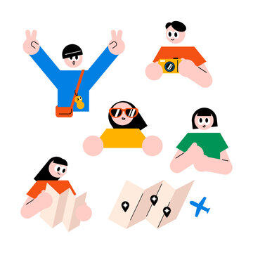즐거운 여행 캐릭터 세트 - 지도, 카메라, 비행기 아이콘이 포함된 여름 휴가 일러스트 Set of happy travel characters with map, camera, and airplane for summer vacation design