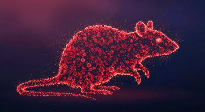 Digital art of a rodent silhouette constructed from red virus cells.