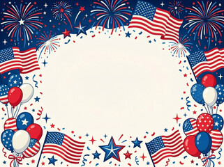 Obraz premium USA Independence Day Celebration Background with American Flags Fireworks Balloons and Copy Space