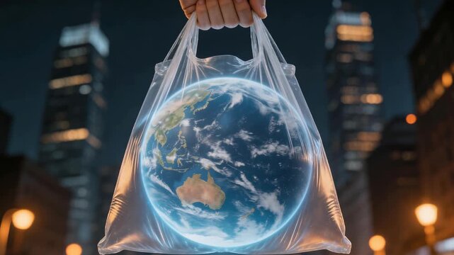 Human hand holding transparent bag with glowing planet earth inside at night city lights background symbol of environmental protection climate change awareness sustainability fragile world future