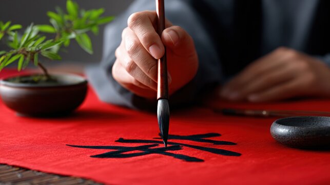 Hand of a person practicing calligraphy with a brush on red paper, featuring a black Chinese character, small plant and ink stone visible in the background