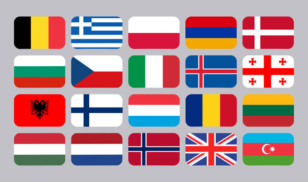 Collection of vector 20 national flags including UK, Italy, Greece, Norway, and Netherlands. Modern rounded vector icons