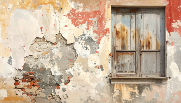 Weathered wall with window showing aged textures and peeling paint