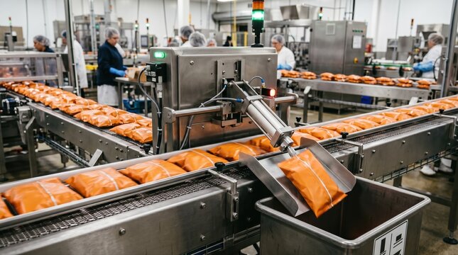 Medium shot of a highspeed checkweigher rejecting underweight snack packs on a busy conveyor highlighting precise quality control in a food production line.