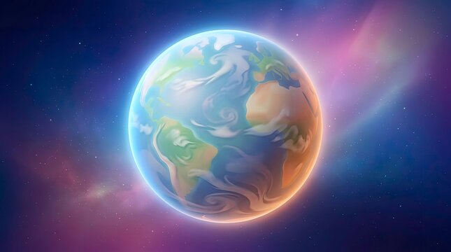 Earth from space with colorful cosmic background and glowing atmosphere